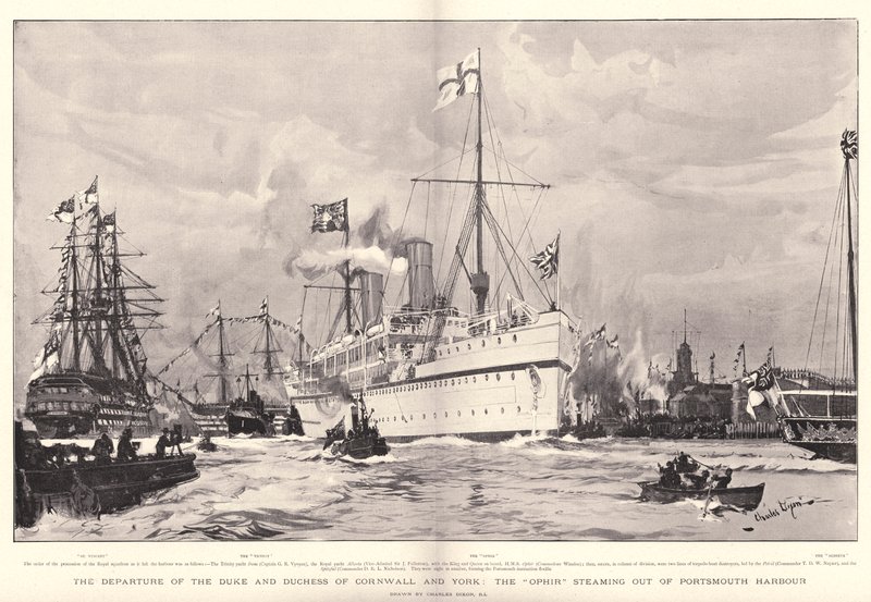 Hertigen och hertiginnan av Cornwall och York avgår, Ophir ångar ut ur Portsmouths hamn av Charles Edward Dixon