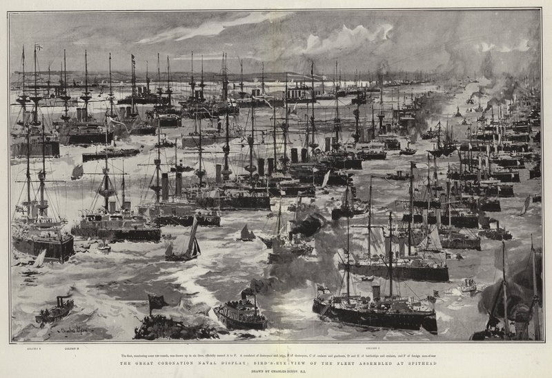 Den stora kröningsuppvisningen av flottan, fågelperspektiv på flottan som samlats vid Spithead av Charles Edward Dixon
