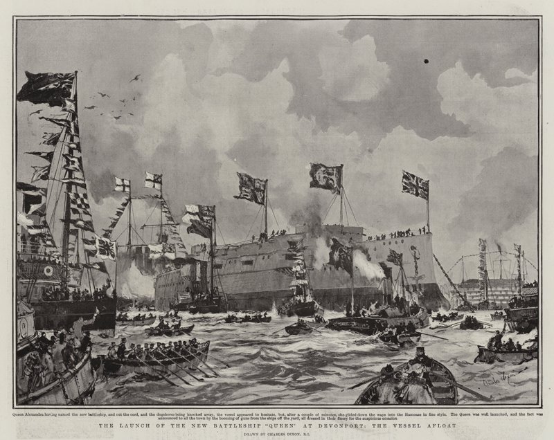 Sjösättningen av det nya slagskeppet Queen i Devonport, fartyget i vattnet av Charles Edward Dixon