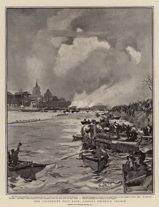 University Boat Race, passerar Chiswick Church av Charles Edward Dixon