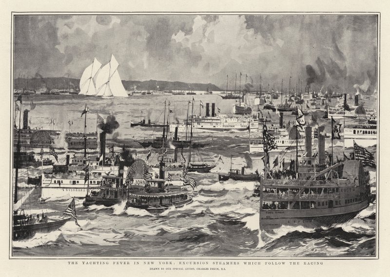 Yachting Fever i New York, Excursion Steamers som följer Racing av Charles Edward Dixon