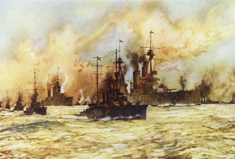 Battlecruiser Indomitable bogserar den skadade stridskryssaren Lion efter slaget vid Dogger Bank, 24 januari 1915 av Charles Edward Dixon