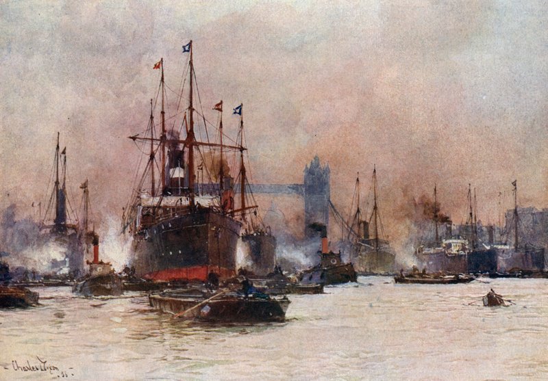 Themsen, Poolen och Tower Bridge av Charles Edward Dixon