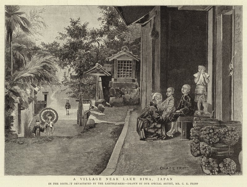 En by nära Biwa-sjön, Japan av Charles Edwin Fripp