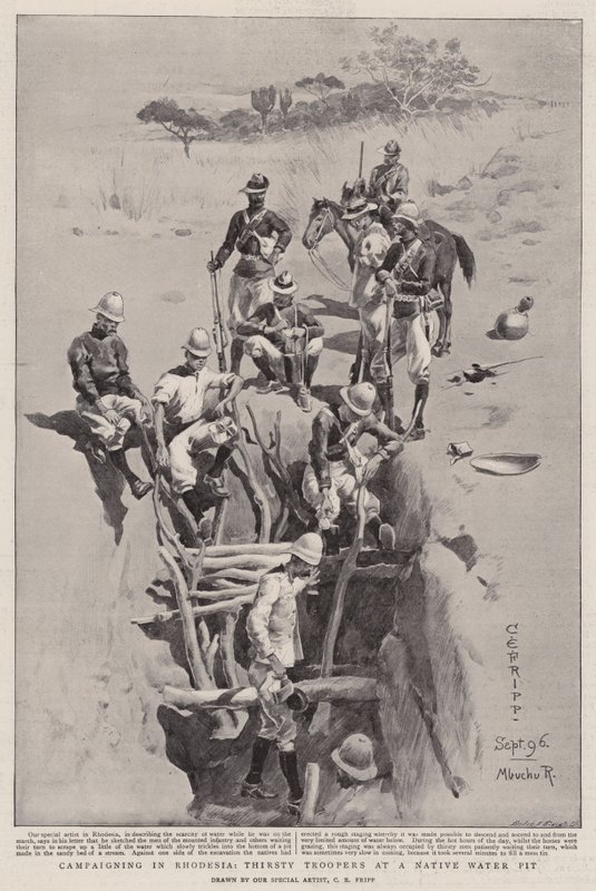 Kampanjer i Rhodesia, törstiga soldater vid en vattenbrunn för infödda av Charles Edwin Fripp