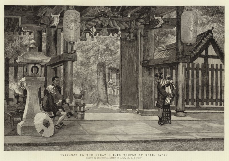Ingång till det stora shintotemplet i Kobe, Japan av Charles Edwin Fripp