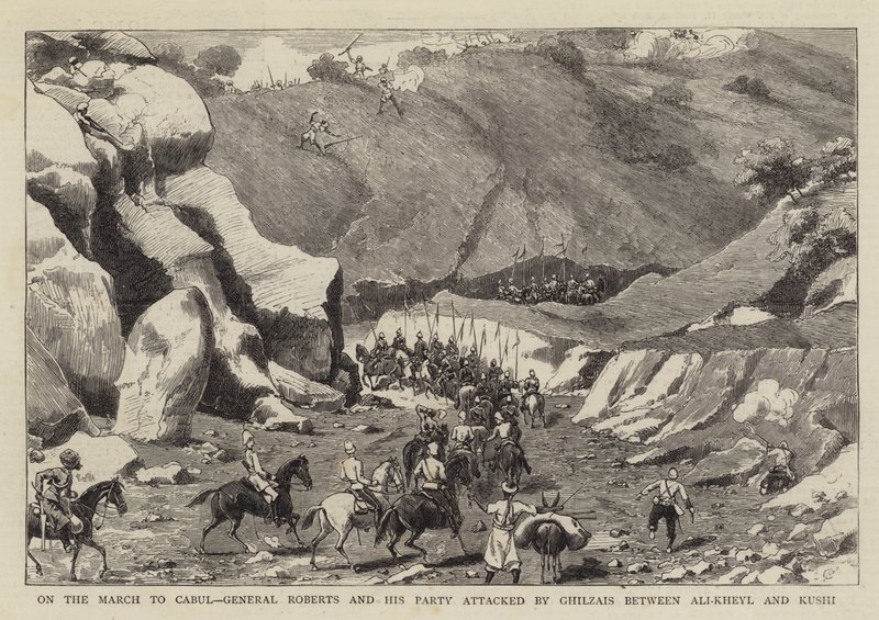 På marschen mot Cabul attackerades general Roberts och hans grupp av ghilzais mellan Ali-Kheyl och Kushi. av Charles Edwin Fripp