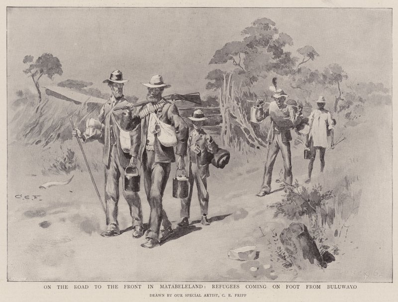 På väg mot fronten i Matabeleland, flyktingar som kommer till fots från Bulawayo av Charles Edwin Fripp