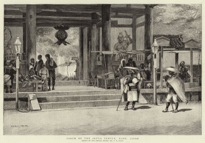 Veranda till Ikuta-templet, Kobe, Japan av Charles Edwin Fripp