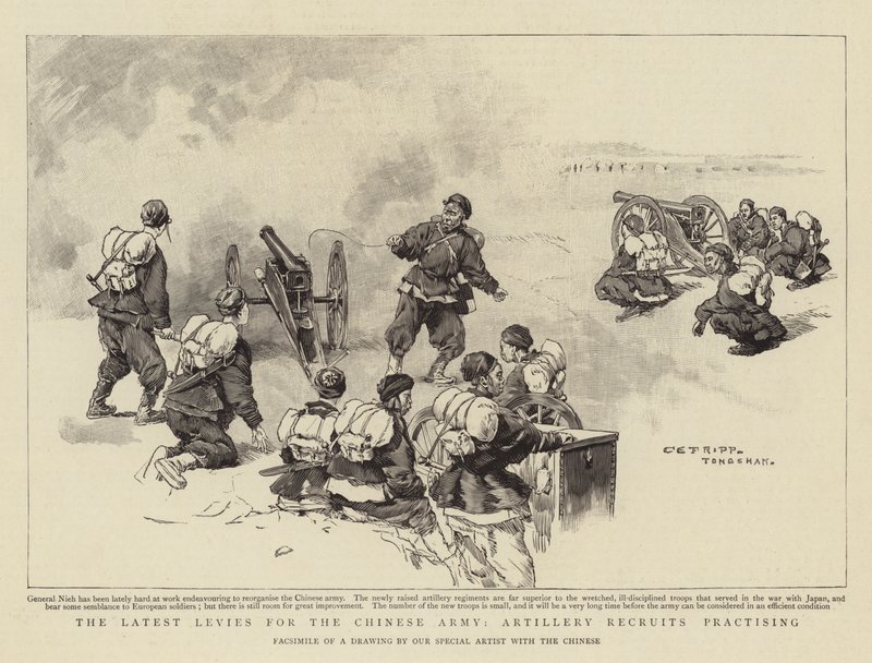 De senaste avgifterna för den kinesiska armén, artillerirekryter som övar av Charles Edwin Fripp