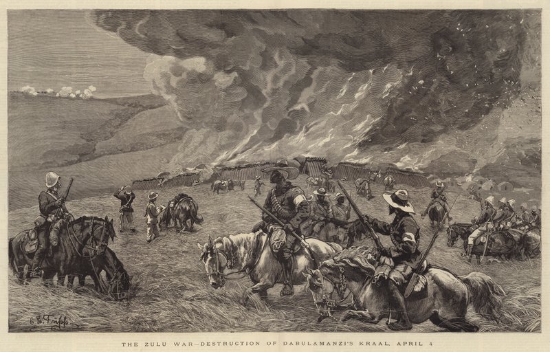 Zulukriget, förstörelse av Dabulamanzis Kraal, 4 april av Charles Edwin Fripp