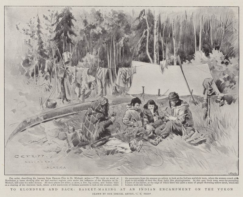 Till Klondyke och tillbaka, korgtillverkning i ett indianläger i Yukon av Charles Edwin Fripp