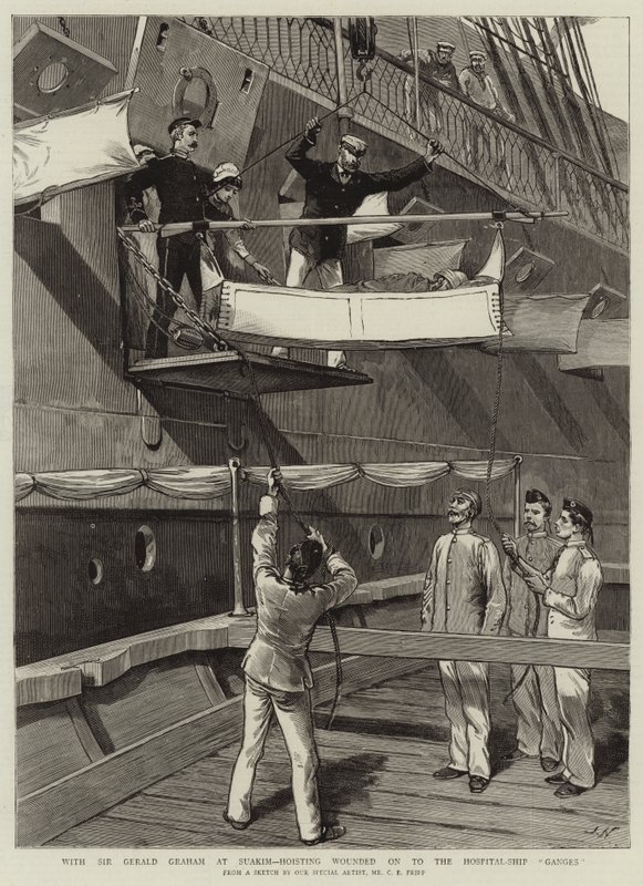 Med Sir Gerald Graham vid Suakim, hissande sårade vidare till Hospital-Ship Ganges av Charles Edwin Fripp