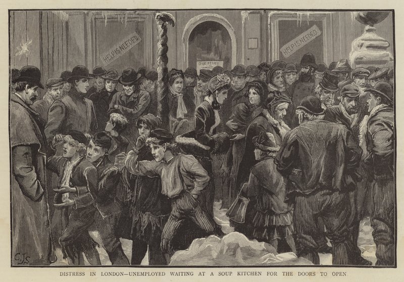 Nöd i London, arbetslös väntar på ett soppkök på att dörrarna ska öppnas av Charles J. Staniland