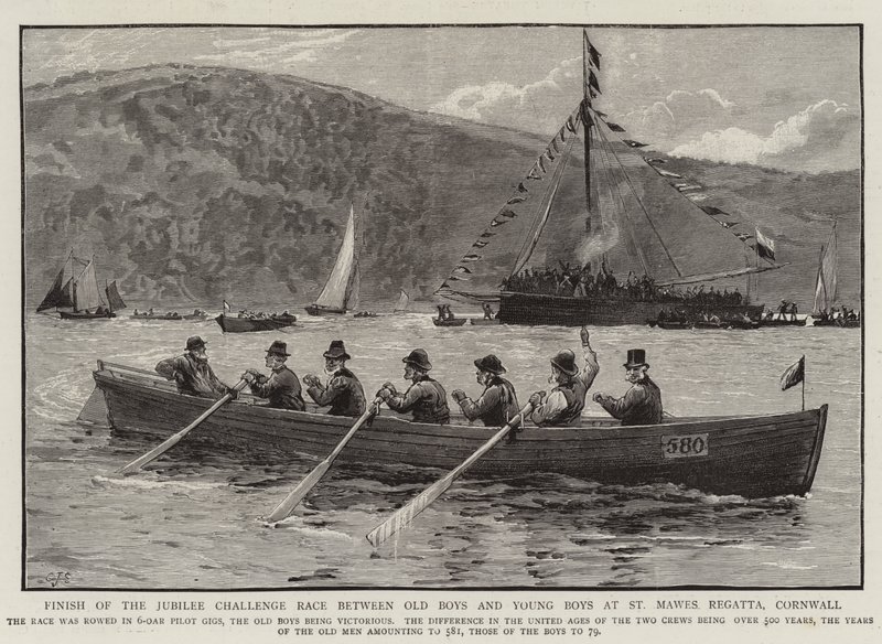 Avslutning på Jubilee Challenge Race mellan Old Boys och Young Boys på St Mawes Regatta, Cornwall av Charles J. Staniland