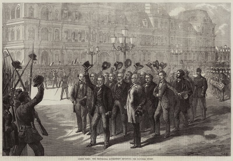 Inne i Paris granskar den provisoriska regeringen nationalgardet av Charles J. Staniland