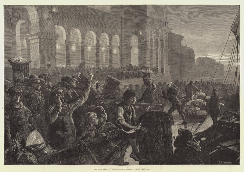 Landar fisk på Billingsgate Market av Charles J. Staniland