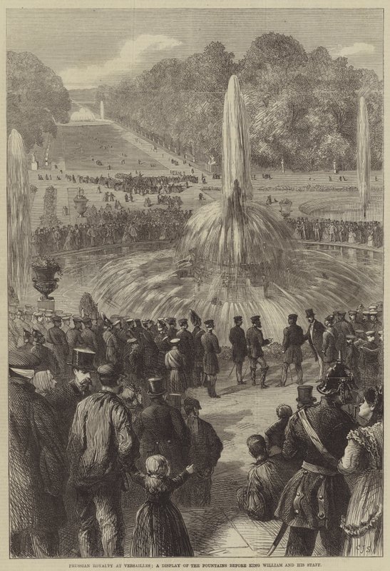 Preussiska kungligheten i Versailles, en visning av fontänerna inför kung William och hans stab av Charles J. Staniland