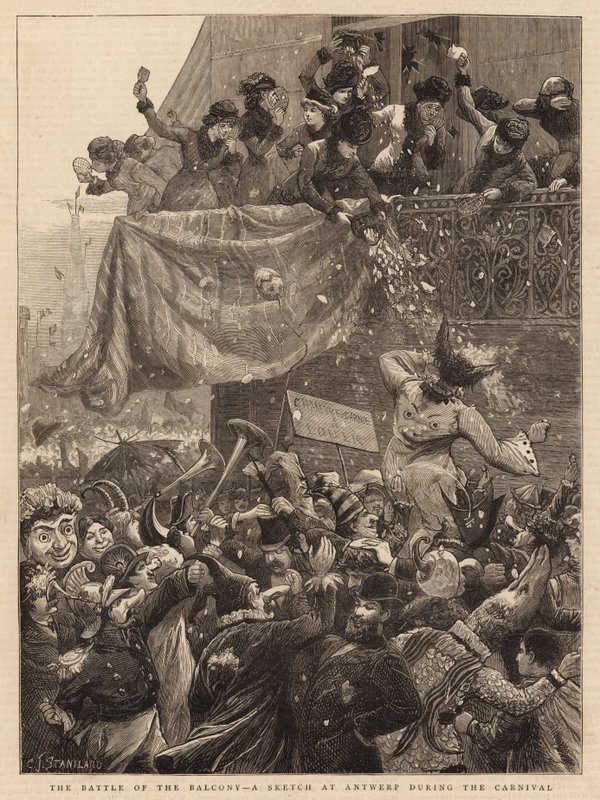 Slaget på balkongen, en skiss från Antwerpen under karnevalen av Charles J. Staniland