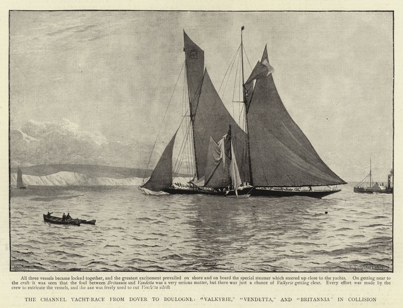 Segeltävlingen på Engelska kanalen från Dover till Baulogne, Valkyrie, Vendetta och Britannia i kollision av Charles J. Staniland