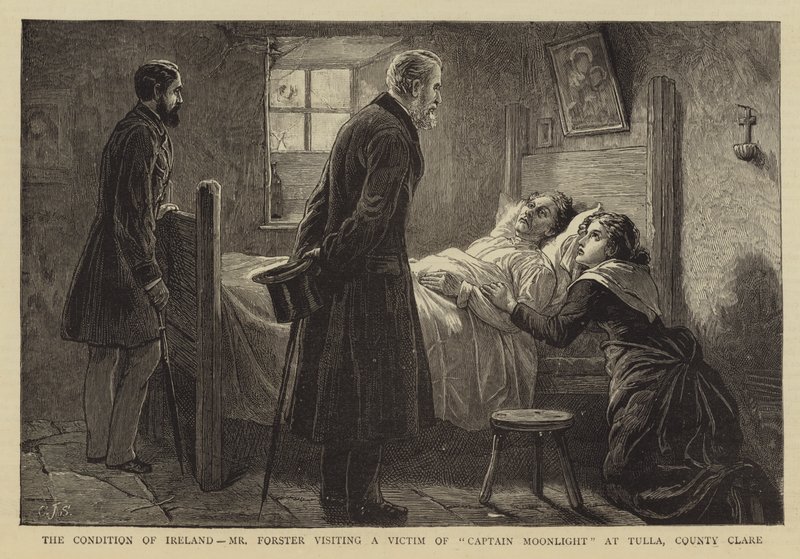 The Condition of Ireland, Mr Forster besöker ett offer för Captain Moonlight i Tulla, County Clare av Charles J. Staniland