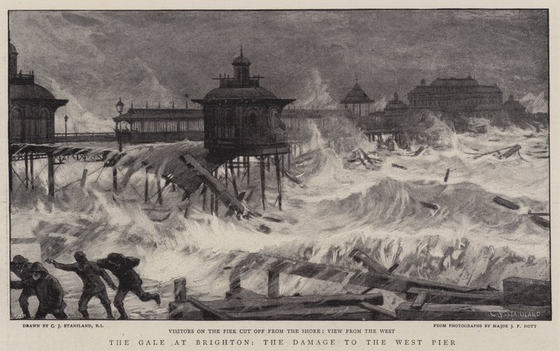Stormvind i Brighton, skadorna på den västra piren av Charles J. Staniland