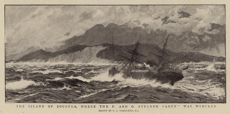 Ön Socotra, där P and O Steamer Aden förliste. av Charles J. Staniland