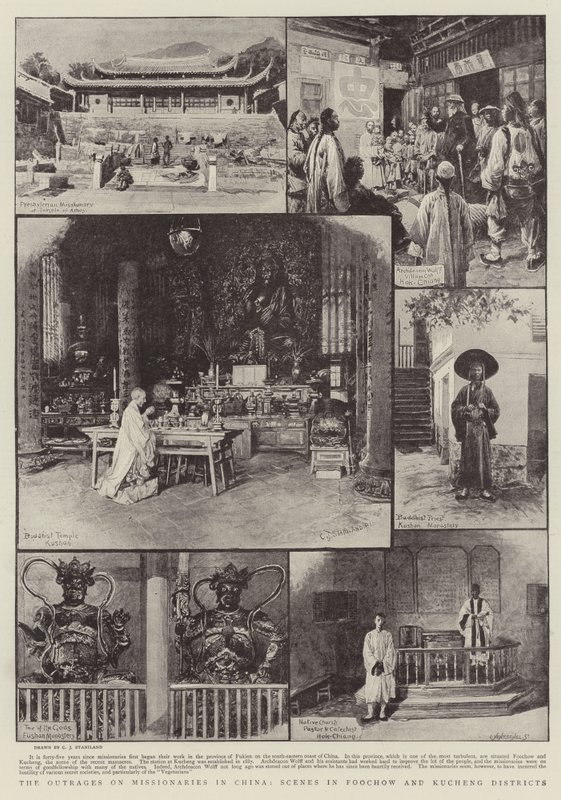 Upprördheterna mot missionärer i Kina, scener i Foochow- och Kucheng-distrikten av Charles J. Staniland