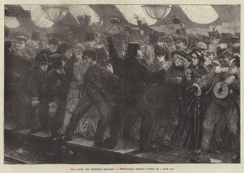 Oxford och Cambridge Boat-Race, en Metropolitan Railway Station på en tävlingsdag av Charles J. Staniland