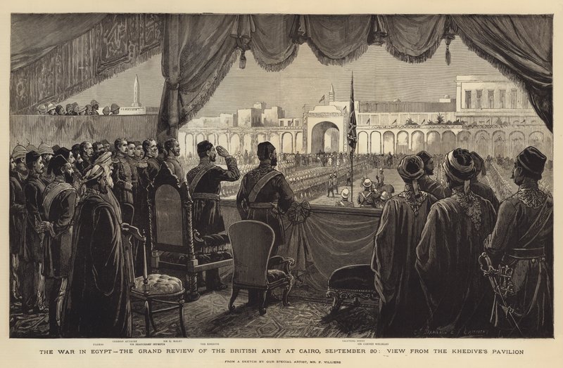 Kriget i Egypten, den stora recensionen av den brittiska armén i Kairo, 30 september, Utsikt från Khedives paviljong av Charles J. Staniland