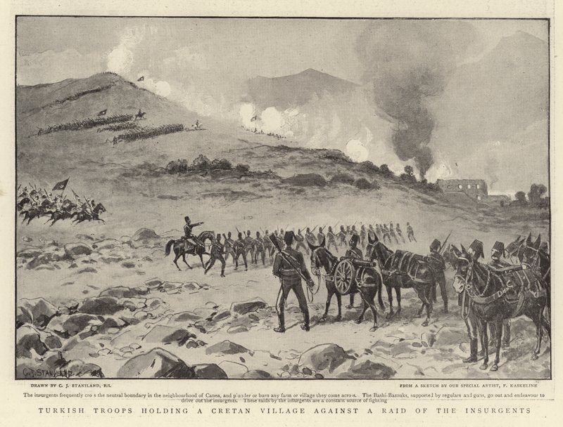 Turkiska trupper håller en kretensisk by mot en räd av upprorsmännen av Charles J. Staniland