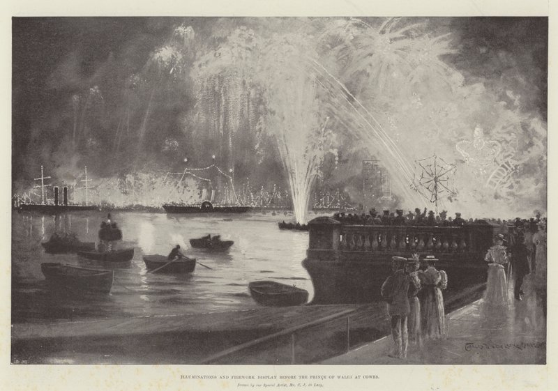 Belysningar och fyrverkeri före prinsen av Wales på Cowes av Charles John de Lacy