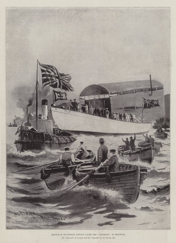 Sjösättning av Sir Thomas Liptons yacht, Shamrock, i Millwall av Charles John de Lacy