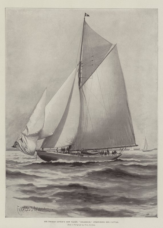 Sir Thomas Liptons nya yacht, Shamrock, sträcker sin duk av Charles John de Lacy