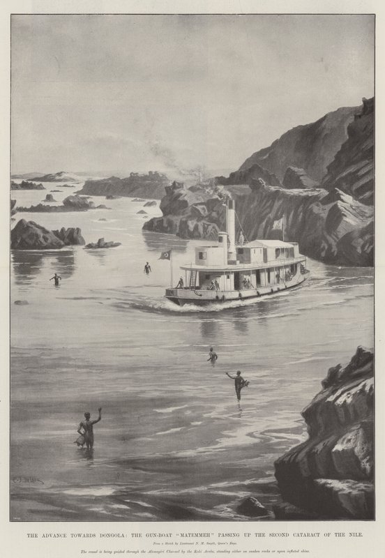 Framryckningen mot Dongola, kanonbåten Matemmeh passerar uppför Nilens andra grå starr av Charles John de Lacy
