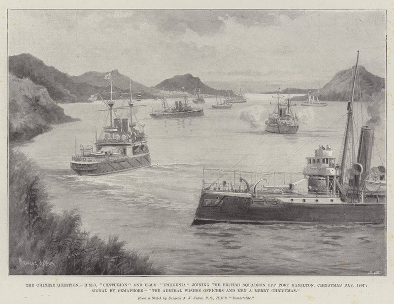 Den kinesiska frågan, HMS Centurion och HMS Iphigenia ansluter sig till den brittiska eskadern utanför Port Hamilton, juldagen 1897, signalering med semafore, amiralen önskar officerare och män en god jul. av Charles John de Lacy