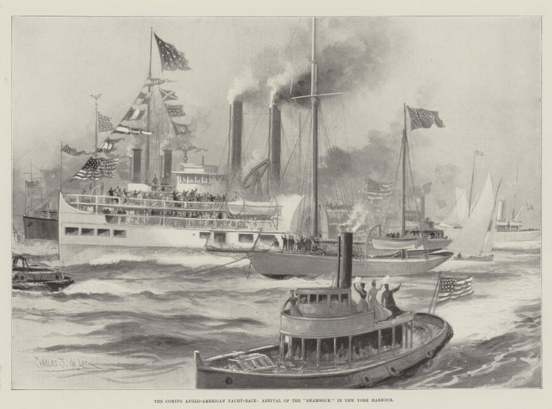 Den kommande anglo-amerikanska seglingstävlingen, Shamrocks ankomst till New Yorks hamn av Charles John de Lacy