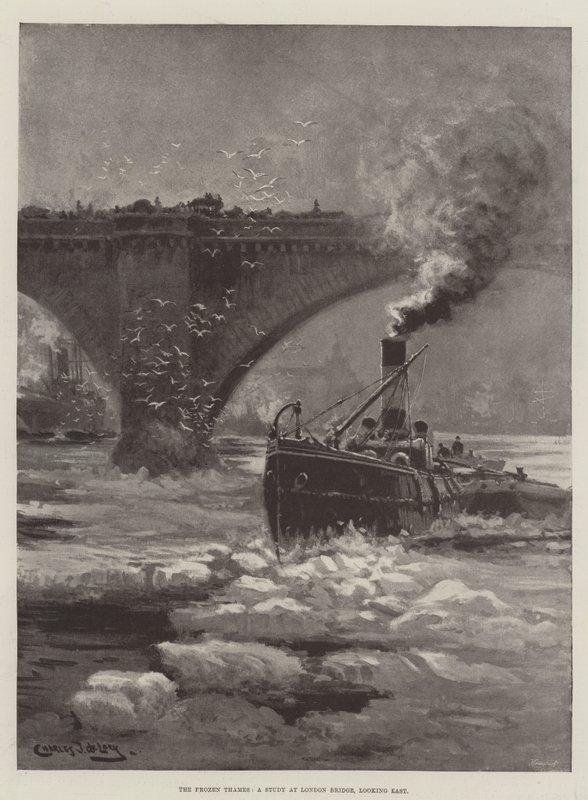 Den frusna Themsen, en studie vid London Bridge, med utsikt österut av Charles John de Lacy