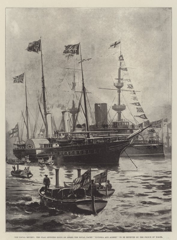 Naval Review, flaggofficerarna går ombord på Royal Yacht Victoria and Albert för att tas emot av prinsen av Wales. av Charles John de Lacy