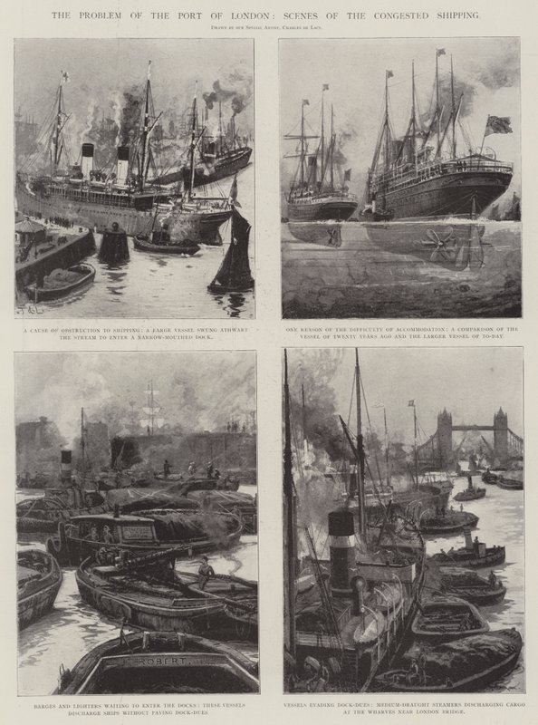 Problemet med hamnen i London, scener för den överbelastade sjöfarten av Charles John de Lacy