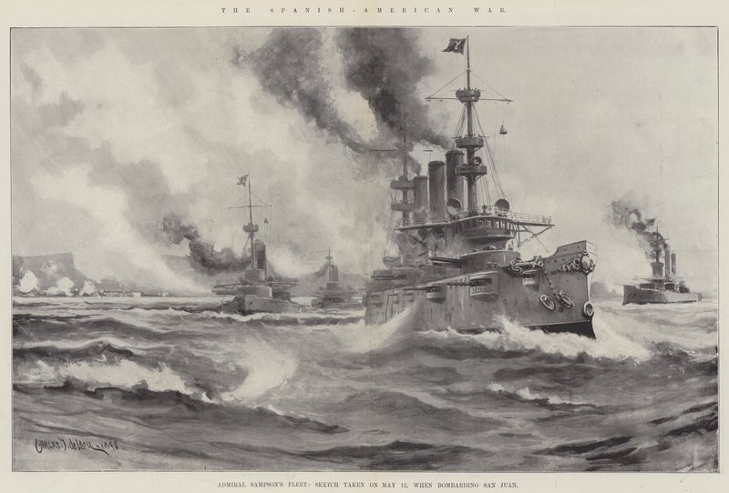 Det spansk-amerikanska kriget, amiral Sampsons flotta, skiss tagen den 12 maj, när han bombarderade San Juan av Charles John de Lacy