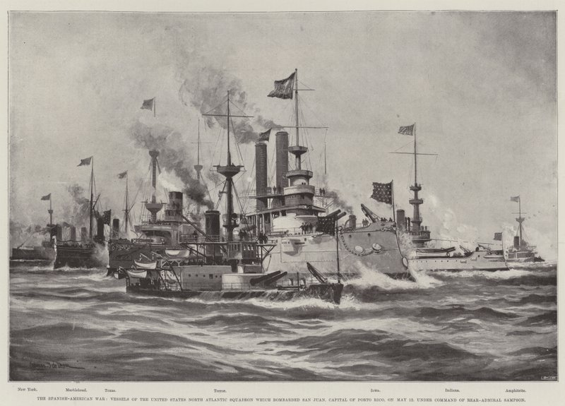 Det spansk-amerikanska kriget, fartyg från USA:s nordatlantiska skvadron som bombarderade San Juan, Porto Ricos huvudstad, den 12 maj, under kommando av konteramiral Sampson av Charles John de Lacy