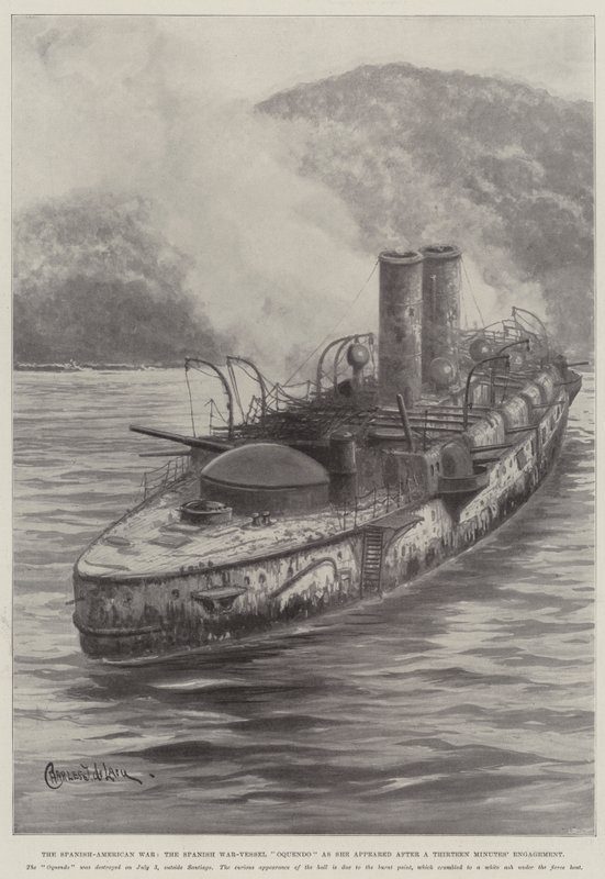 Det spansk-amerikanska kriget, det spanska krigsfartyget Oquendo som det såg ut efter tretton minuters förlovning. av Charles John de Lacy