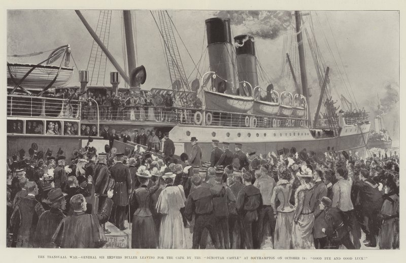 Transvaalkriget, general Sir Redvers Buller på väg till Kap vid Dunnottar Castle i Southampton den 14 oktober, hejdå och lycka till! av Charles John de Lacy