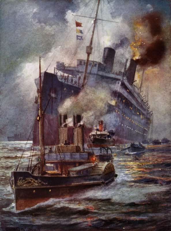 Torped liner assisterade i hamn av Charles John de after Lacy