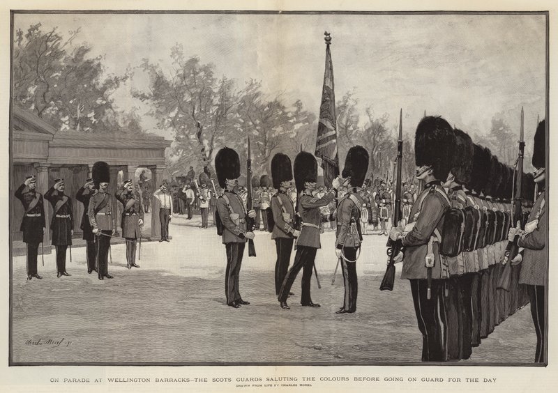 Paraden vid Wellington Barracks: Scots Guards gör honnör för flaggorna innan de går i vakt för dagen. av Charles Morel