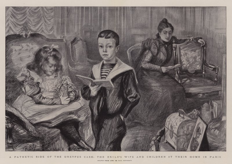 En patetisk sida av Dreyfus-fallet, exilens fru och barn i deras hem i Paris av Charles Paul Renouard