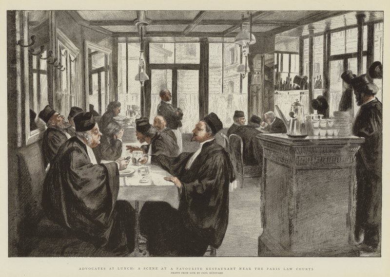 Advocates at Lunch, en scen på en favoritrestaurang nära Paris Law Courts (chromolitho) av Charles Paul Renouard