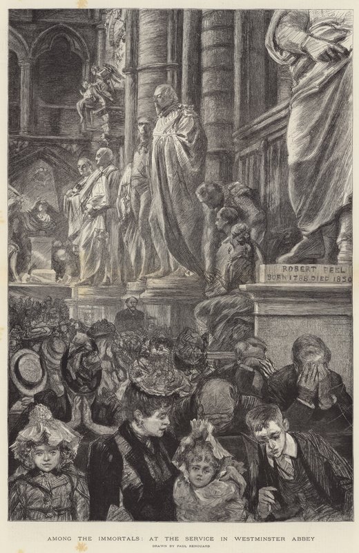 Bland de odödliga, vid gudstjänsten i Westminster Abbey gravyr av Charles Paul Renouard