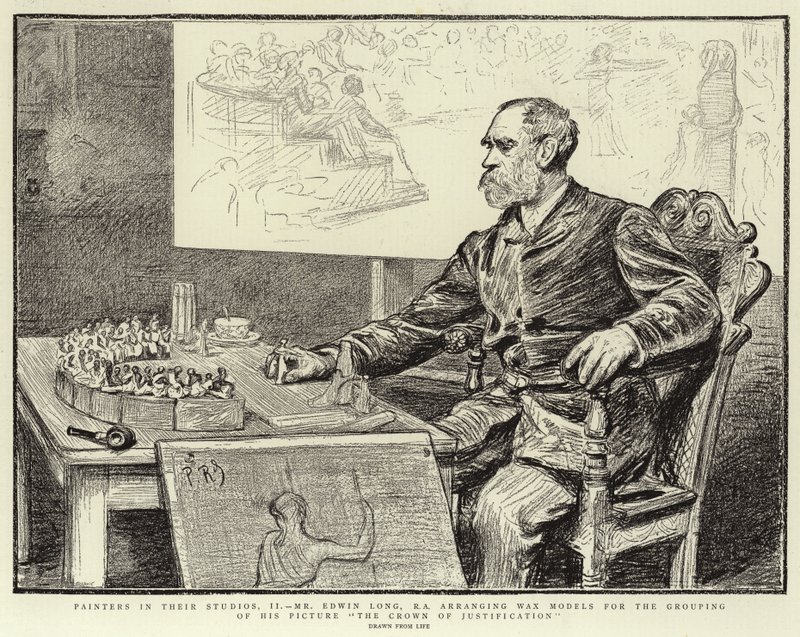 Målare i sina ateljéer, II, Mr Edwin Long, R A, arrangerar vaxmodeller för gruppering av sin tavla Rättfärdiggörelsens krona. av Charles Paul Renouard
